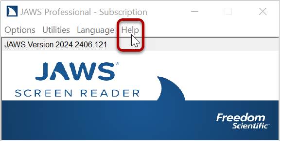 The JAWS application window with the Help menu outlined in red.