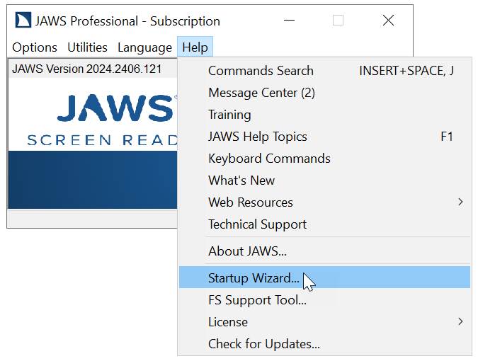 The JAWS application window is shown with the Help menu selected. A number of pulldown options are available, including the Startup Wizard which is selected and highlighted in blue.