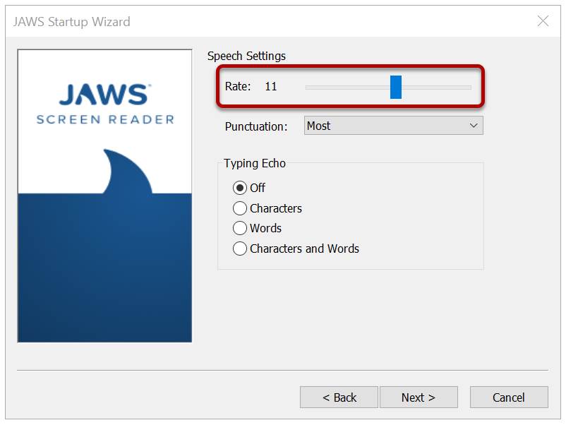 The Speech Settings pane of the JAWS Startup Wizard is shown with the Rate slider outlined in red.