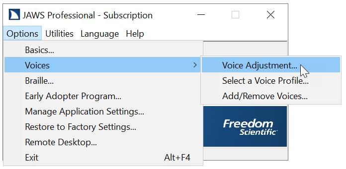 The JAWS application window is shown with the Options menu selected. The Voices option is selected, followed by the Voice Adjustment option from the resulting pulldown.