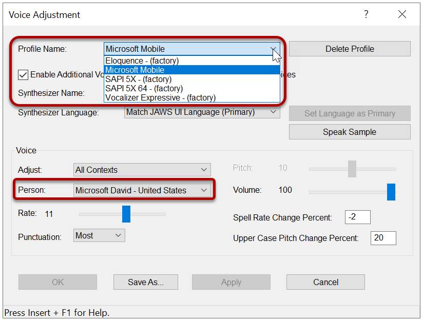 The Voice Adjustment panel is shown. The Profile Name section is outlined in red and its pulldown displays multiple voice options. The Person setting is also outlined in red.