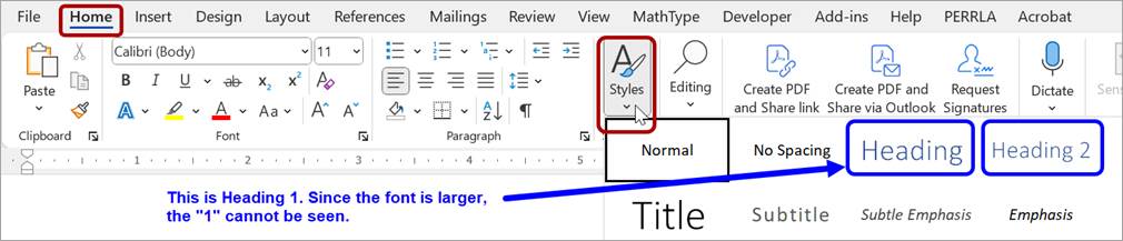 The Home tab and the Styles group in Microsoft Word are outlined in red. The Heading 1 and Heading 2 styles are outlined in blue. The Heading 1 style appears to only say "Heading"; the 1 is not displayed due to the size of the font.