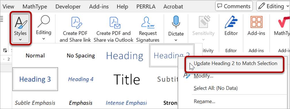 The Styles group in Microsoft Word is outlined in red. (It is found in the Home tab which is not visible in this image.) A portion of a pulldown is shown beneath the Heading 2 style, and the option "Update Heading 2 to Match Selection" is selected and outlined in red.