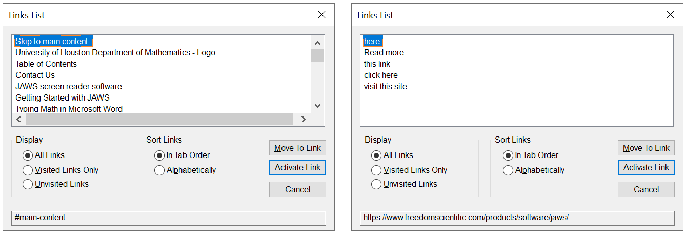 The descriptive list of hyperlinks from the previous section is shown side-by-side with the ambiguous list of hyperlinks from the current section.