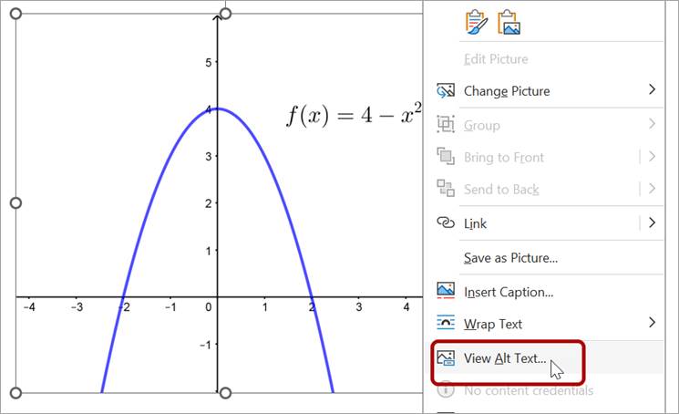 A graph of the parabola y equals 4 minus x squared is shown with "View Alt Text" chosen from the context menu.