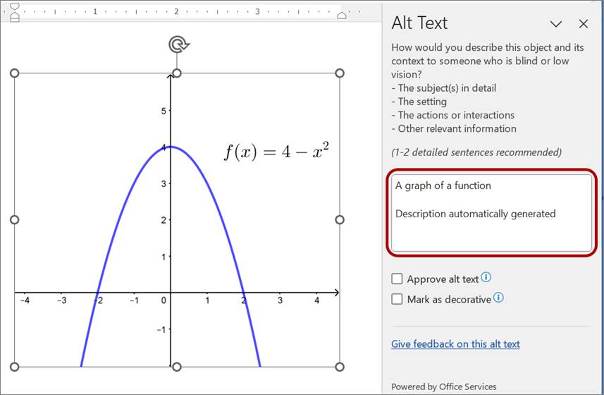 The auto-generated alt text for the parabola says, "A graph of a function." Within the alt text box, it also says that the description was automatically generated.