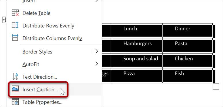 A context menu is shown for the table. Near the bottom of the context menu is the option "Insert Caption" which is outlined in red.