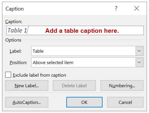 The dialog box is shown for table captions. The caption is auto-numbered with the words 'Table 1" and that text is contained in a box where the user can add to that caption. That same area of the dialog box contains added red text saying "Add a table caption here." There are other options to adjust the label, position, and numbering of the caption.