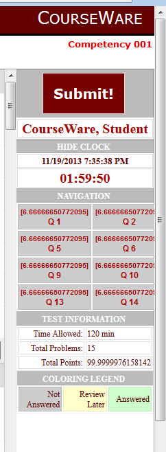 A screenshot of the right-hand portion of the Courseware screen 
         during a quiz or exam. From top to bottom are the Submit button, a clock 
         showing the time remaining, a navigation region showing which questions 
         have been answered and which questions have not been answered, and additional
         information about the exam (time allowed, total problems, and total points). 
         There are two vertical scroll bars, one on each side of the diagram.