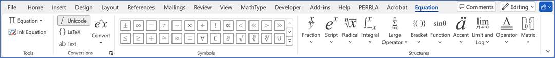 Word's equation toolbar is shown. From left to right, there is a Tools group, a Conversions group, a Symbols group, and a Structures group. The Symbols group displays many symbols (such as the plus/minus symbol, infinity symbol, and root symbols), and the Structures group contains various options for writing fractions, superscripts and subscripts, integrals, brackets, functions, limits, logarithms, matrices, and more.