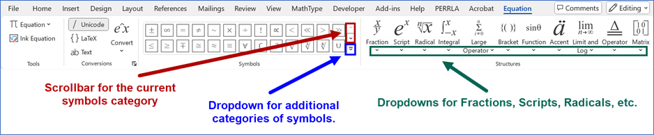 Word's equation toolbar is shown. 
On the right side of the Symbols group, a scrollbar is outlined in red; a red arrow points to that scrollbar with the note "Scrollbar for the current symbols category." Below this scrollbar, a dropdown menu is outlined in blue; a blue arrow points to that dropdown and notes, "Dropdown for additional categories of symbols. Within the Structures group, a thin green rectangle has been drawn around all the dropdowns in that group, with an added green arrow and a note, "Dropdowns for Fractions, Scripts, Radicals, etc."