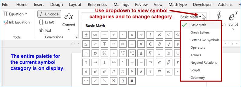 Word's equation toolbar is shown after the Symbols group dropdown from the previous step has been selected. The entire palette for the current symbol category (in this case, Basic Math) is on display. A red arrow points to a dropdown near the upper right with a note saying, "Use dropdown to view symbol categories and to change category." Eight categories of symbols are shown in the dropdown and are outlined in red: Basic Math, Greek Letters, Letter-Like Symbols, Operators, Arrows, Negated Relations, Scripts, and Geometry.