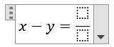 Screenshot of an equation box with the content: "x minus y equals" followed by a fraction symbol which has an input box for the numerator and an input box for the denominator.