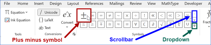 The equation toolbar is shown with the plus or minus symbol outlined in red within the Symbols category. The Symbols scrollbar is outlined in blue and the Symbols dropdown is outlined in green.