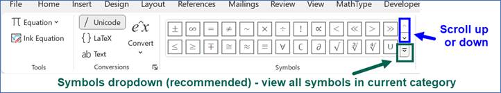 The equation toolbar is shown with the Symbols scrollbar outlined in blue and with a note saying, "Scroll up or down."
The Symbols dropdown is outlined in green, with a note saying, "Symbols dropdown (recommended) - view all symbols in current category."