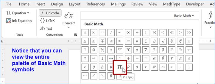 The entire palette of Basic Math symbols is shown. The pi symbol is selected and is outlined in red.