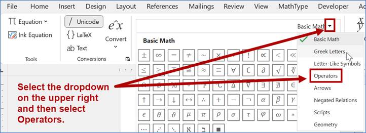 The equation toolbar is shown after the Symbols dropdown has already been selected; it is currently displaying the Basic Math symbols category. A note and arrows have been added to the diagram saying, "Select the dropdown on the upper right and then select Operators." The Operators option is outlined in red.