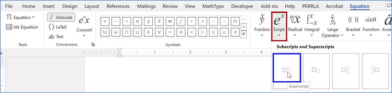 The equation tool is shown with the Script dropdown selected from the Structures group and outlined in red. The Superscript option is the first option in the resulting dropdown and is outlined in blue.