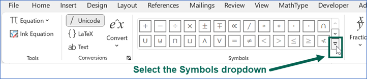 The equation toolbar is shown with the Symbols dropdown outlined in green, and with a note saying "Select the Symbols dropdown."