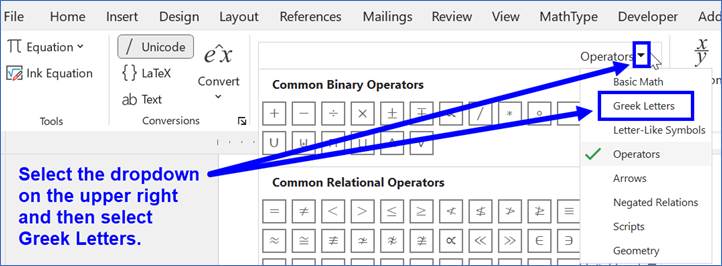 The equation toolbar is shown after the Symbols dropdown has already been selected; it is currently displaying the Operators symbol category. A note and arrows have been added to the diagram in blue saying, "Select the dropdown on the upper right and then select Greek Letters." The Greek Letters option is outlined in blue.