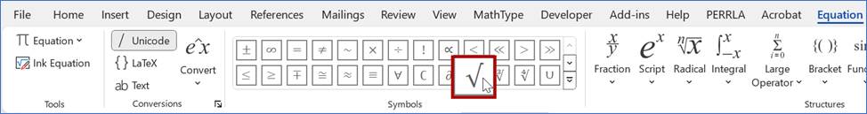 The equation toolbar is shown, where the square root symbol is chosen from the Symbols group and is outlined in red.