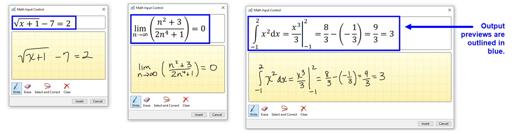 Three screenshots of handwritten equations are shown from the Ink Equation tool. From left to right, the first equation contains a square root, the second equation contains a limit, and the third equation contains an integral. The typewritten output previews for each equation are outlined in blue.