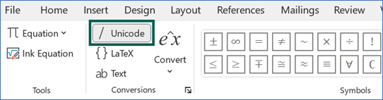 Word's equation toolbar is shown with the Conversions group shown and with the Unicode option outlined in green.