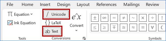 The Conversions group of the equation toolbar is shown with both the Unicode and Text options selected; both of these options are outlined in red.